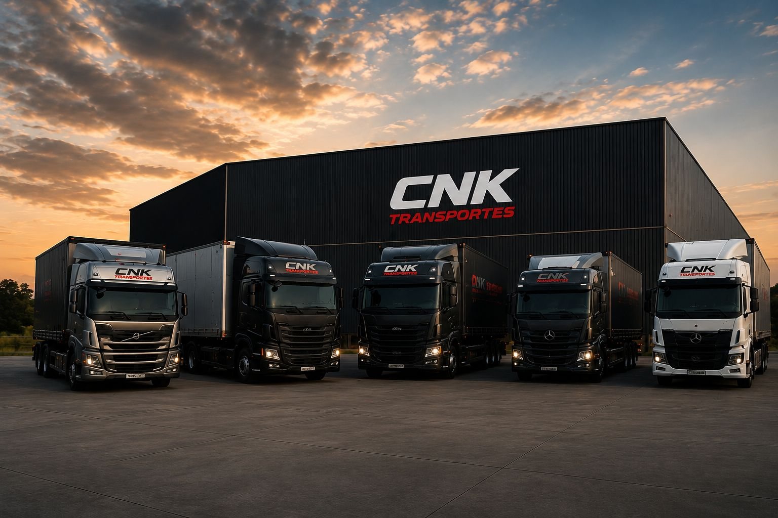 Frota de caminhões da CNK Transportes em frente ao galpão da empresa
